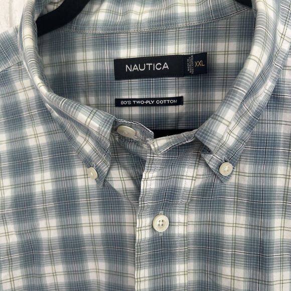 Nautica XXL Button Up Short Sleeve Shirt 80s Two Ply Cotton Blue Plaid - Picture 2 of 7